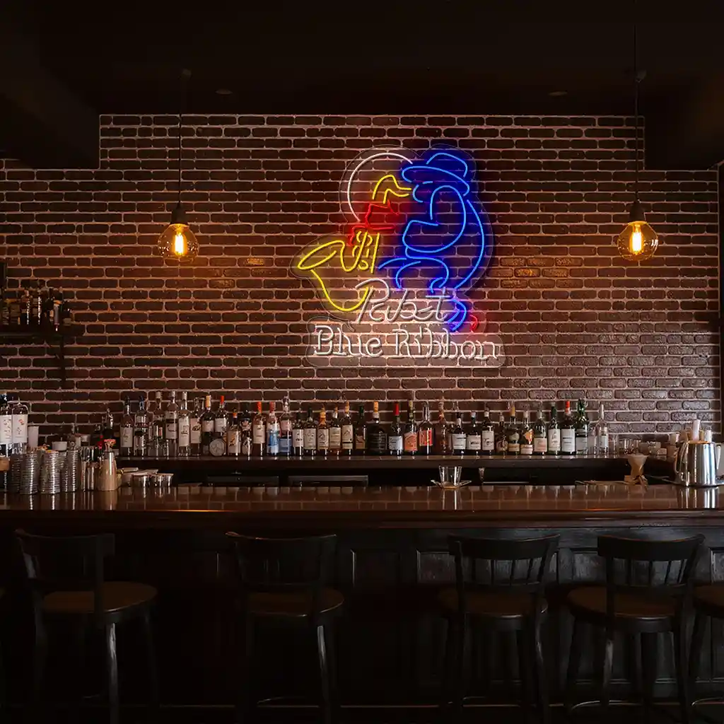colorful neon saxophone sign vintage pabst blue ribbon style 2 colorful neon saxophone sign vintage pabst blue ribbon style 2