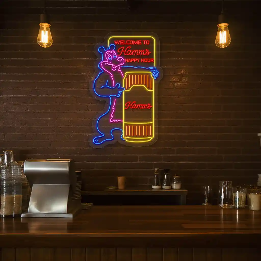 colorful neon sign for hamms happy hour unique bar decor fashion forward colorful neon sign for hamms happy hour unique bar decor fashion forward