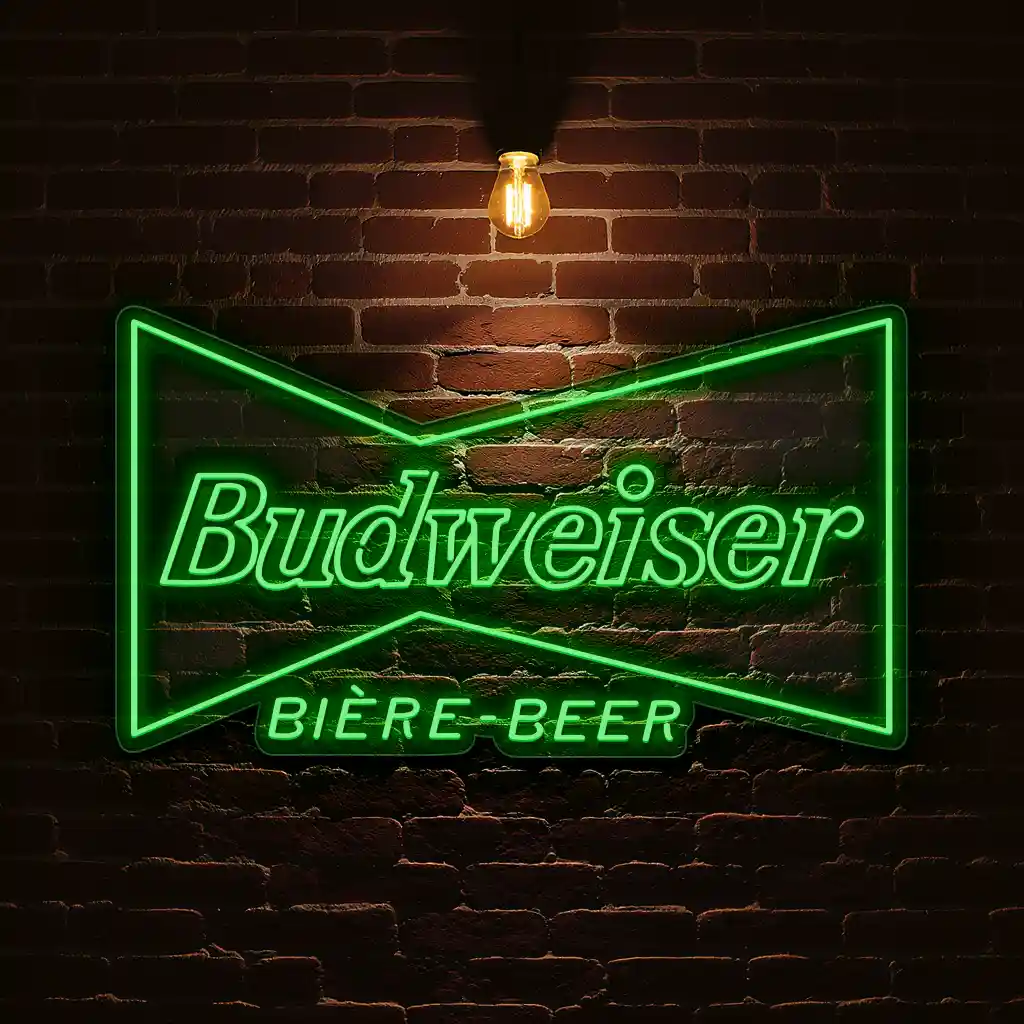 green neon budweiser beer sign on brick wall vintage design 1 green neon budweiser beer sign on brick wall vintage design 1