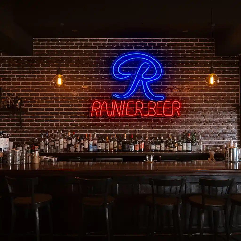neon sign design vintage rainier beer logo on brick wall 2 neon sign design vintage rainier beer logo on brick wall 2