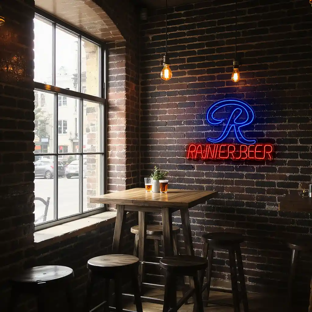 neon sign design vintage rainier beer logo on brick wall 7 neon sign design vintage rainier beer logo on brick wall 7
