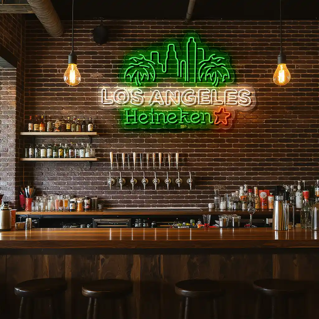 vibrant los angeles neon sign with heineken and palm trees high quality vibrant los angeles neon sign with heineken and palm trees high quality