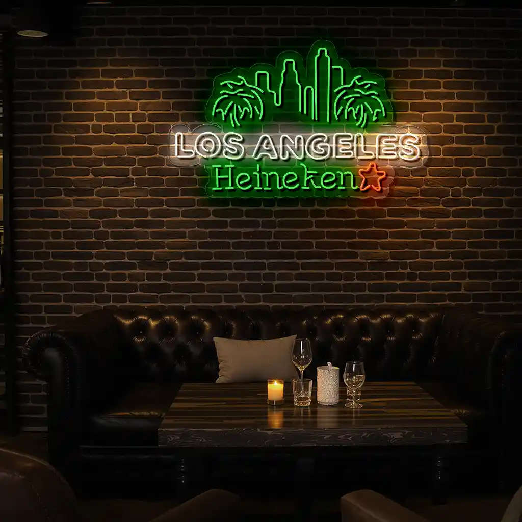 vibrant los angeles neon sign with heineken and palm trees premium grade vibrant los angeles neon sign with heineken and palm trees premium grade