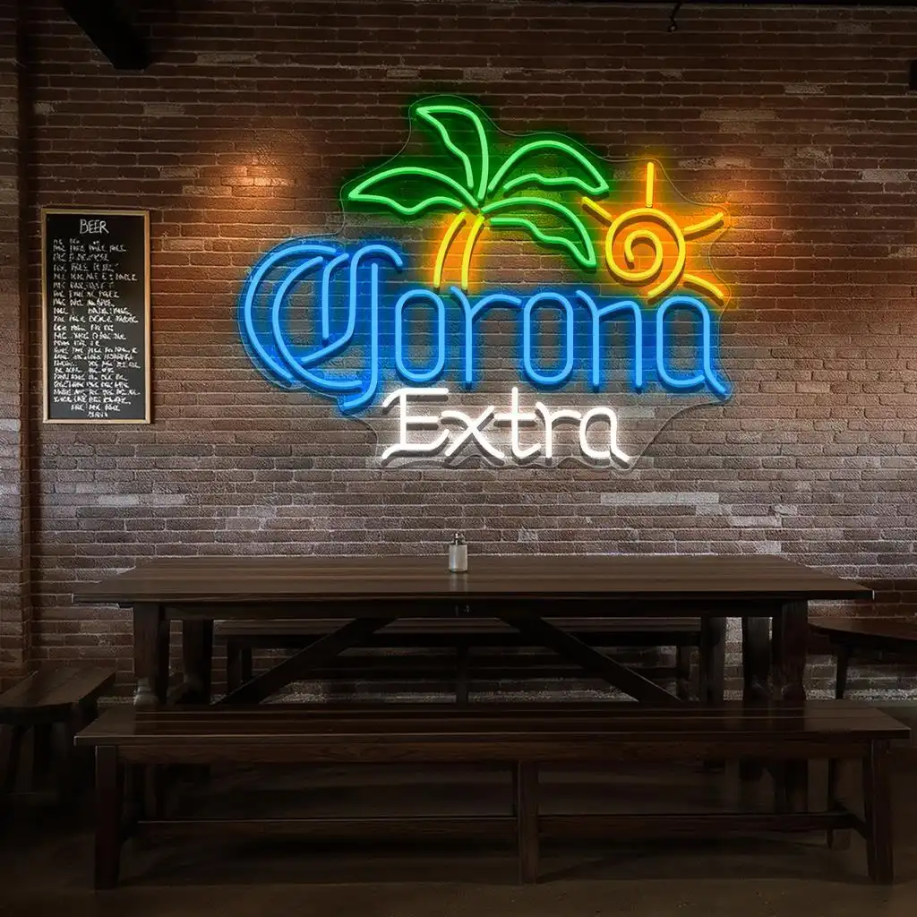 vibrant neon corona extra sign with palm tree and sun design fashion forward vibrant neon corona extra sign with palm tree and sun design fashion forward