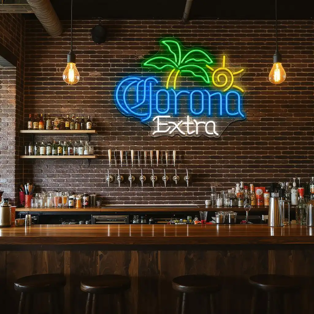 vibrant neon corona extra sign with palm tree and sun design high quality vibrant neon corona extra sign with palm tree and sun design high quality