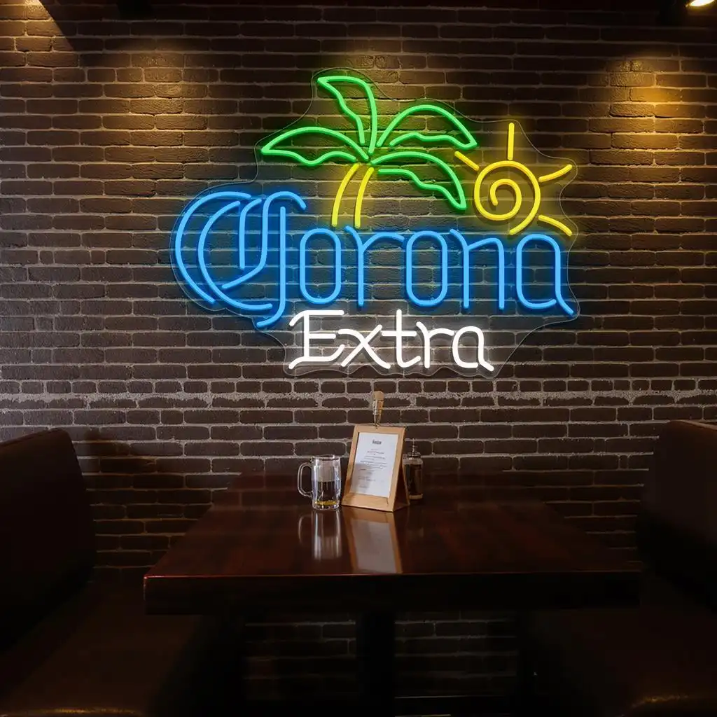 vibrant neon corona extra sign with palm tree and sun design trendy vibrant neon corona extra sign with palm tree and sun design trendy