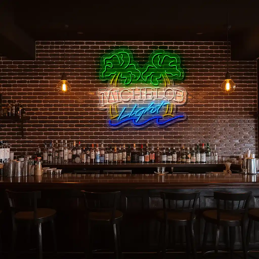 vibrant neon michelob light sign with palm trees and blue wave fashion forward vibrant neon michelob light sign with palm trees and blue wave fashion forward