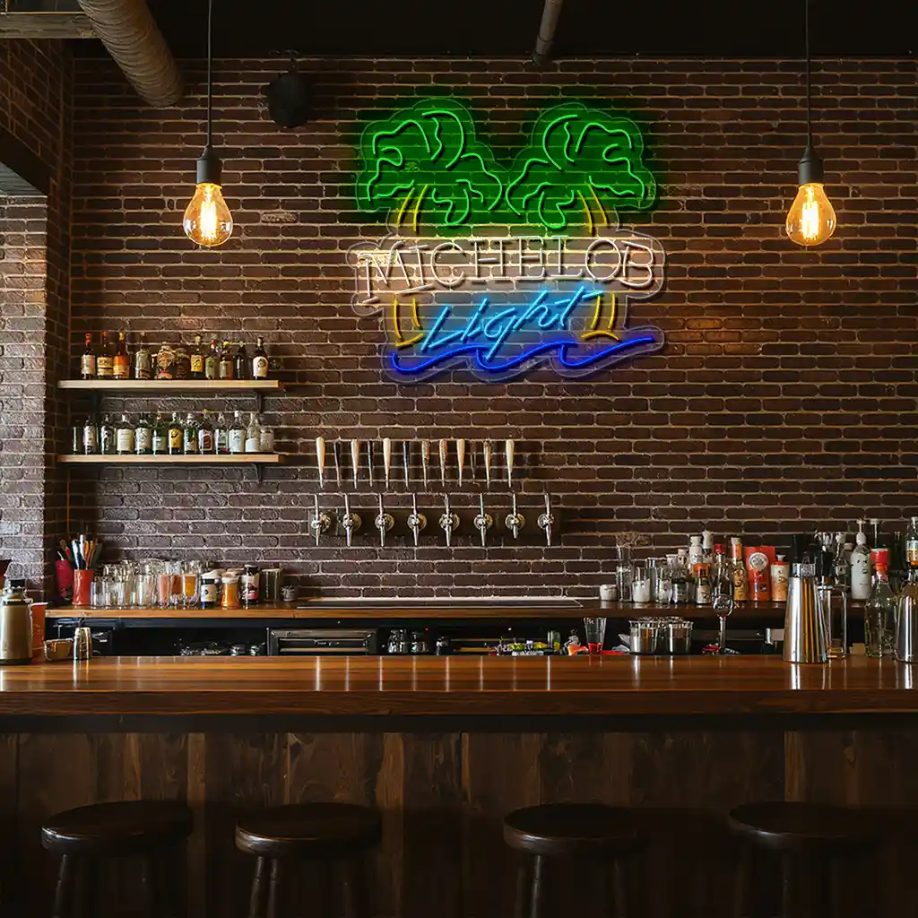 vibrant neon michelob light sign with palm trees and blue wave high quality vibrant neon michelob light sign with palm trees and blue wave high quality