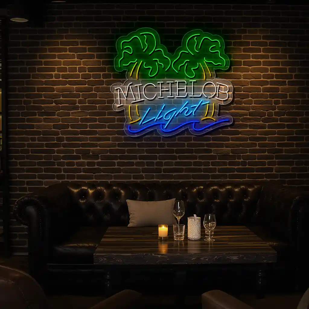 vibrant neon michelob light sign with palm trees and blue wave premium grade vibrant neon michelob light sign with palm trees and blue wave premium grade