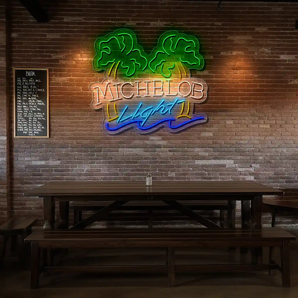 vibrant neon michelob light sign with palm trees and blue wave top rated vibrant neon michelob light sign with palm trees and blue wave top rated