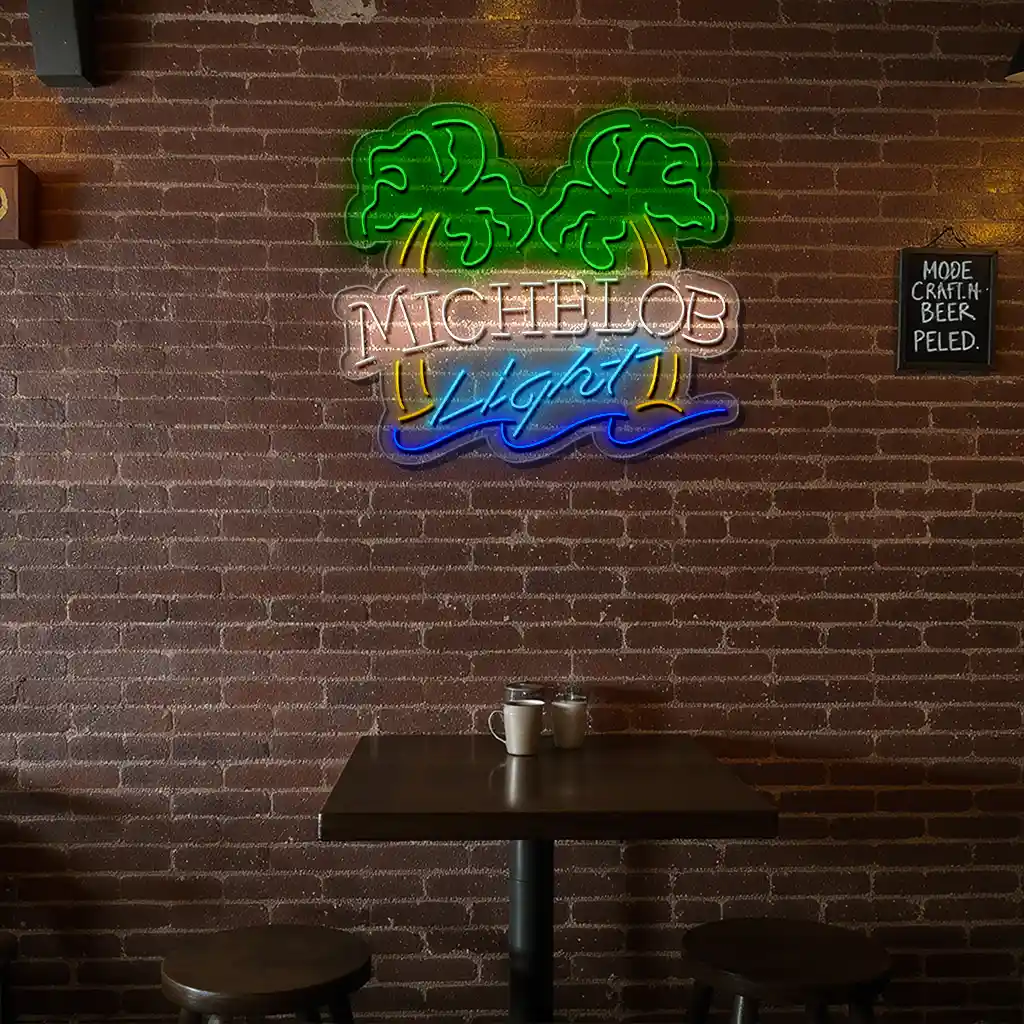 vibrant neon michelob light sign with palm trees and blue wave trendy vibrant neon michelob light sign with palm trees and blue wave trendy