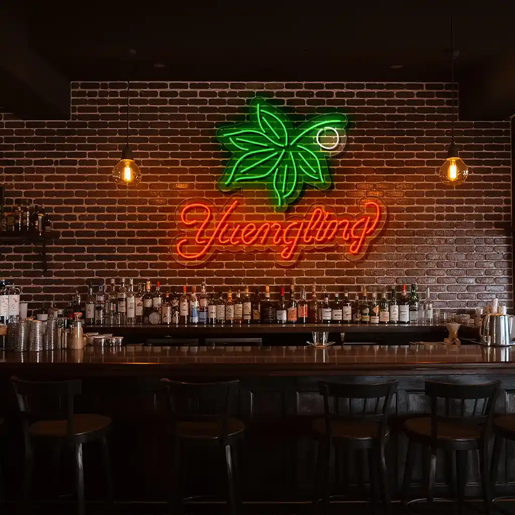 vibrant neon sign design featuring yuengling and green leaves fashion forward vibrant neon sign design featuring yuengling and green leaves fashion forward