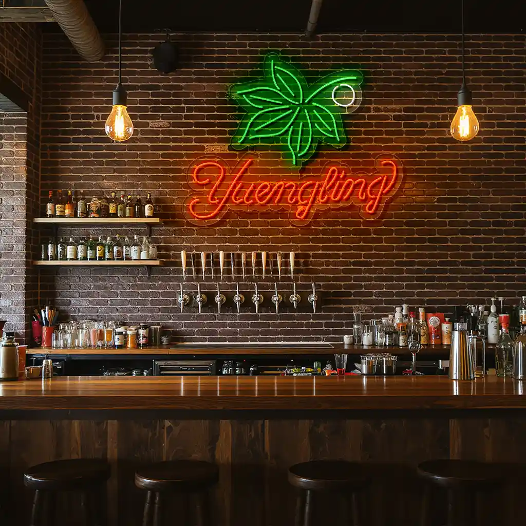 vibrant neon sign design featuring yuengling and green leaves high quality vibrant neon sign design featuring yuengling and green leaves high quality