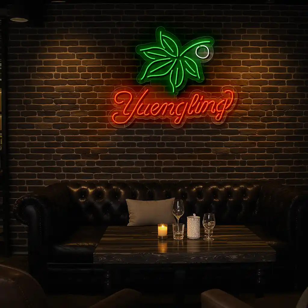 vibrant neon sign design featuring yuengling and green leaves premium grade vibrant neon sign design featuring yuengling and green leaves premium grade