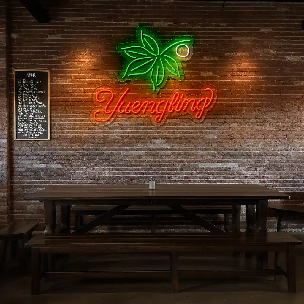 vibrant neon sign design featuring yuengling and green leaves top rated vibrant neon sign design featuring yuengling and green leaves top rated