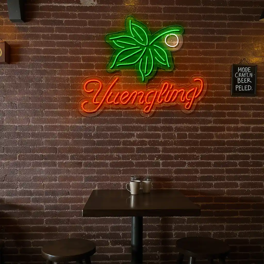 vibrant neon sign design featuring yuengling and green leaves trendy vibrant neon sign design featuring yuengling and green leaves trendy